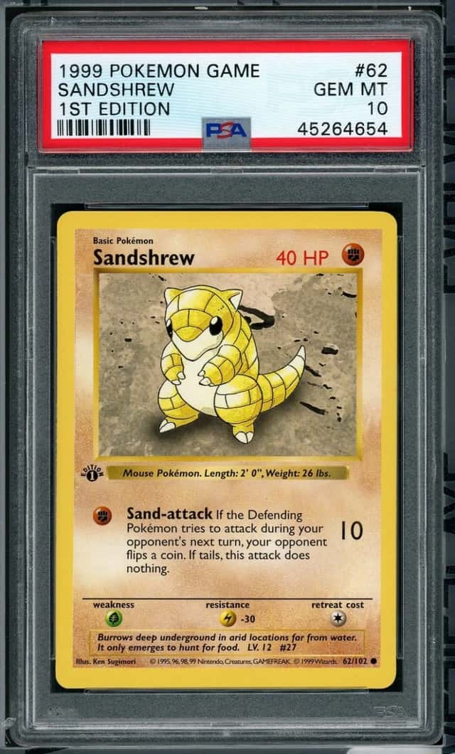 1999 POKEMON BASE SET SHADOWLESS SANDSHREW 1ST EDITION #62 PSA 10