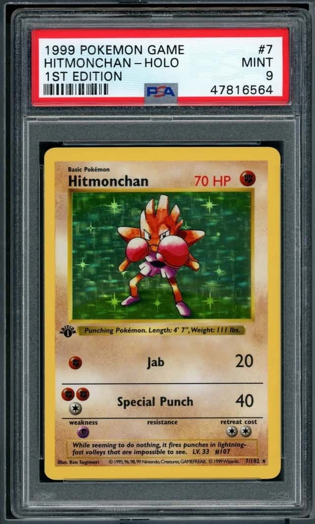 1999 POKEMON BASE SET SHADOWLESS HITMONCHAN-HOLO 1ST EDITION #7 PSA 9