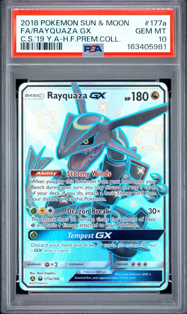 2018 POKEMON SUN & MOON CELESTIAL STORM #177A FULL ART/RAYQUAZA GX PSA 10