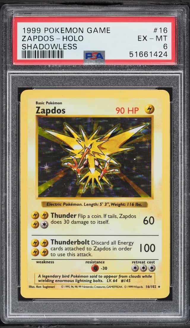 1999 Pokemon Base Set Shadowless Holo Zapdos #16 PSA 6 EXMT