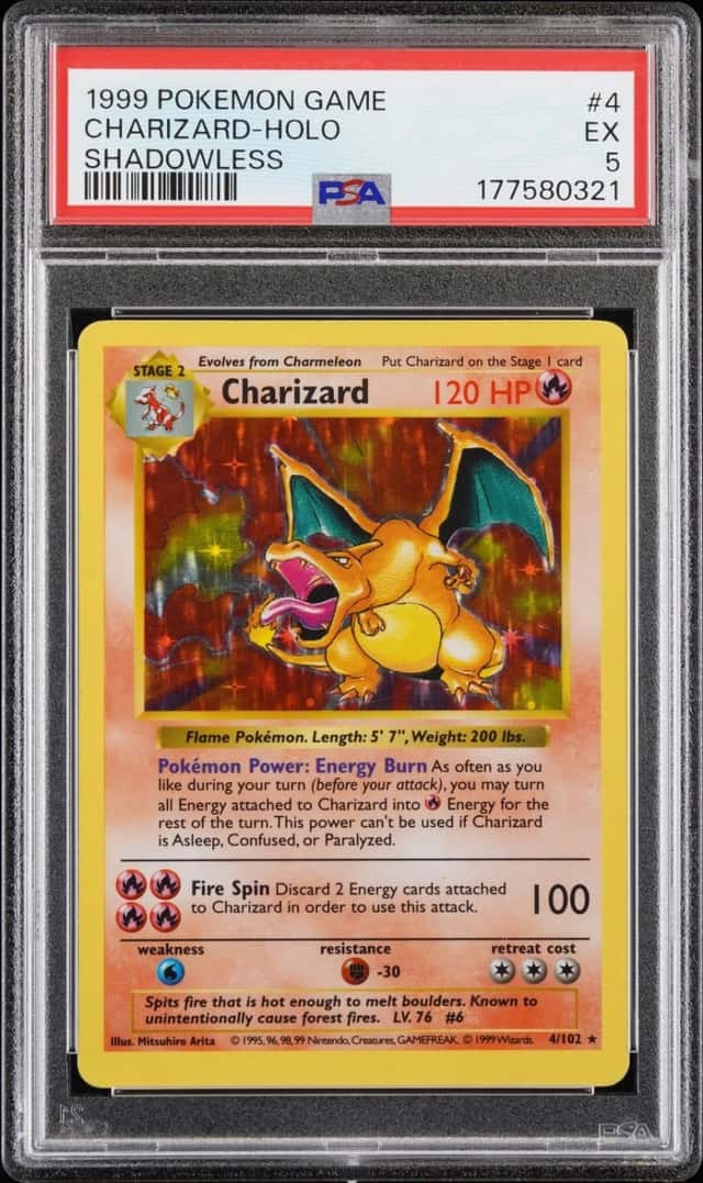 1999 POKEMON BASE SET SHADOWLESS #4 CHARIZARD-HOLO PSA 5