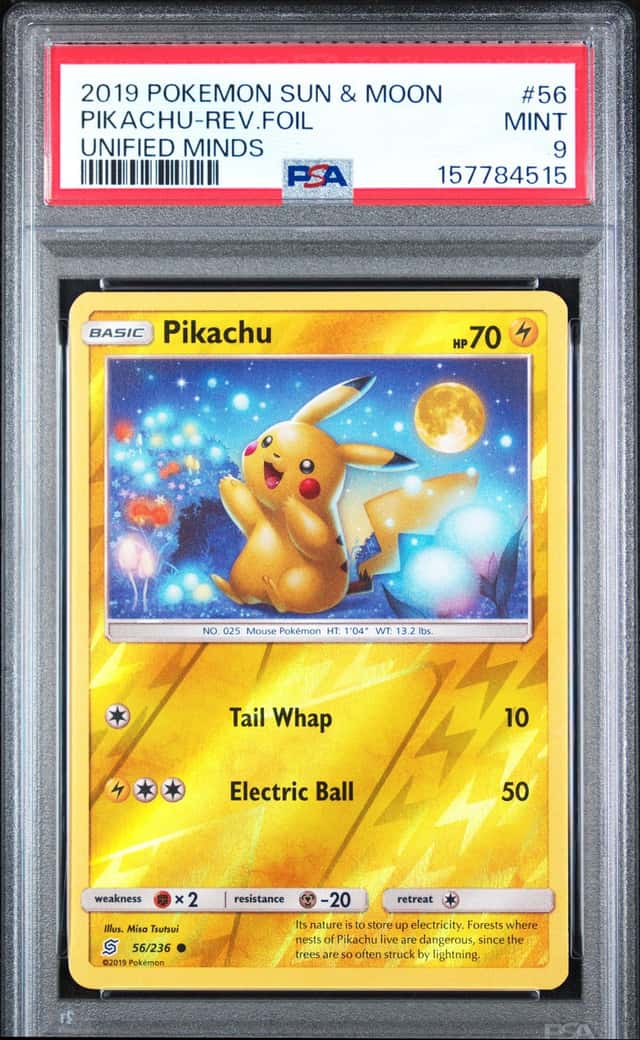 4515 Pikachu 2019 Pokemon Sun & Moon Unified Minds #56/236 Reverse Holo PSA 9
