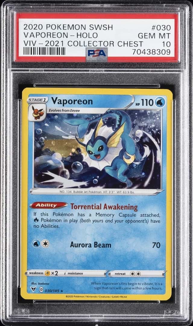 2020 POKEMON SWORD & SHIELD VIVID VOLTAGE #030 VAPOREON-HOLO PSA 10