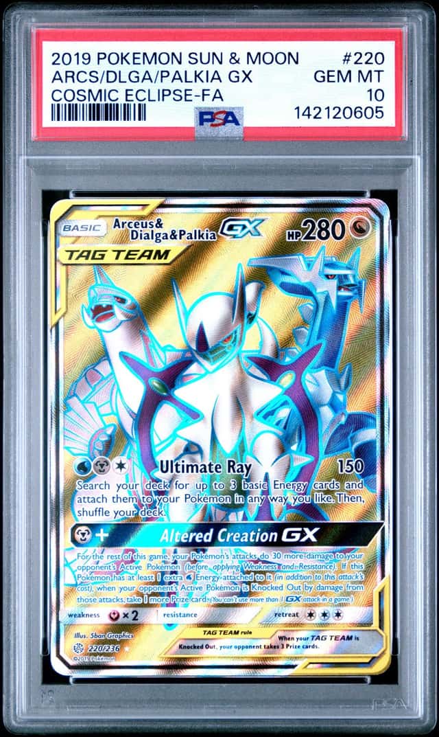 ARCEUS & DIALGA & PALKIA GX POKEMON COSMIC ECLIPSE 220/236 FULL ART PSA 10 Q0895
