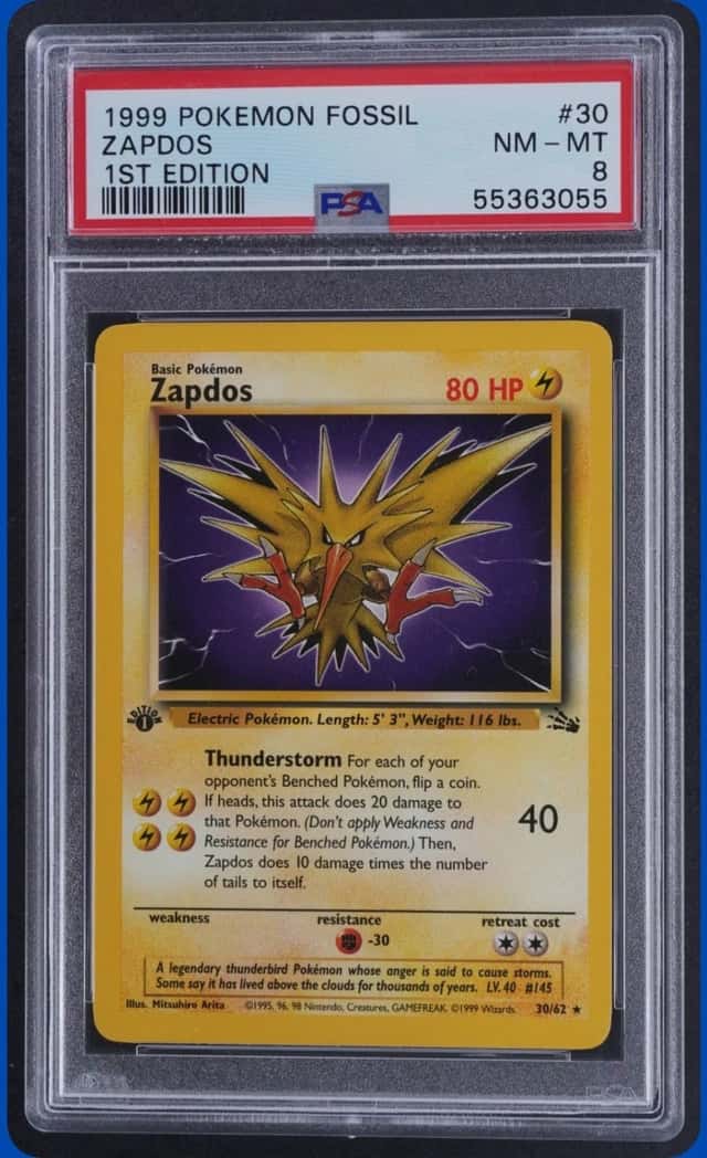 1999 POKEMON FOSSIL 1ST EDITION #30/62 ZAPDOS HOLO RARE PSA 8