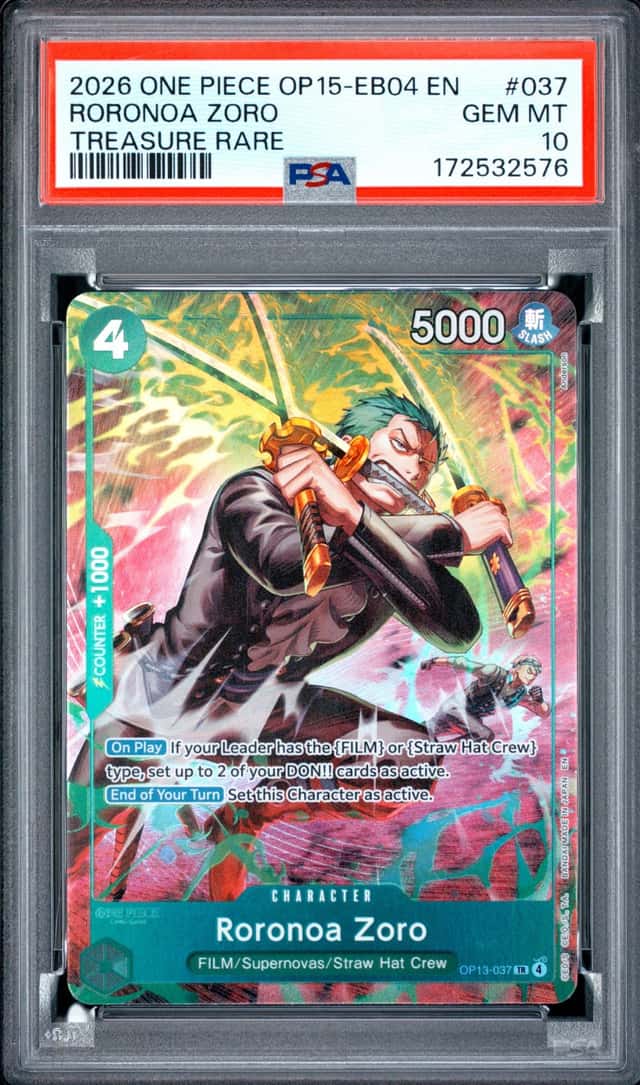 2026 ONE PIECE OP15-EB04-ADVENTURE ON KAMI'S ISLAND #037 RORONOA ZORO PSA 10