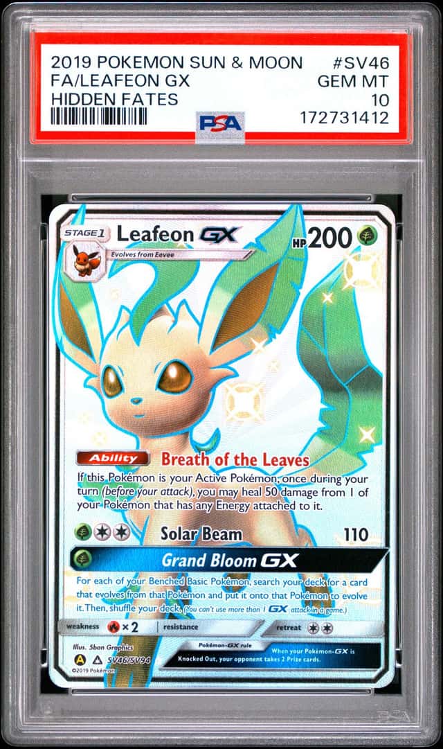 2019 POKEMON SUN & MOON HIDDEN FATES #SV46 FULL ART/LEAFEON GX PSA 10