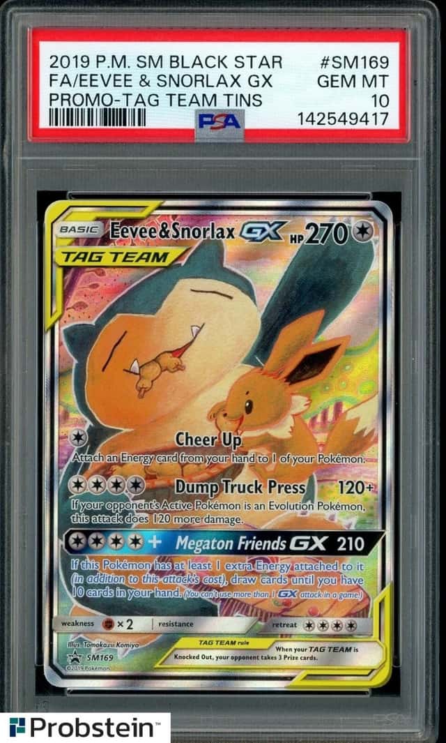 2019 Pokemon SM BSP Promo Tag Team Tins #SM169 FA/Eevee & Snorlax GX PSA 10