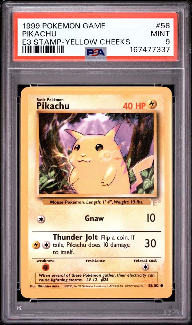 1999 POKEMON BASE SET E3 STAMP-YELLOW CHEEKS #58 PIKACHU PSA 9