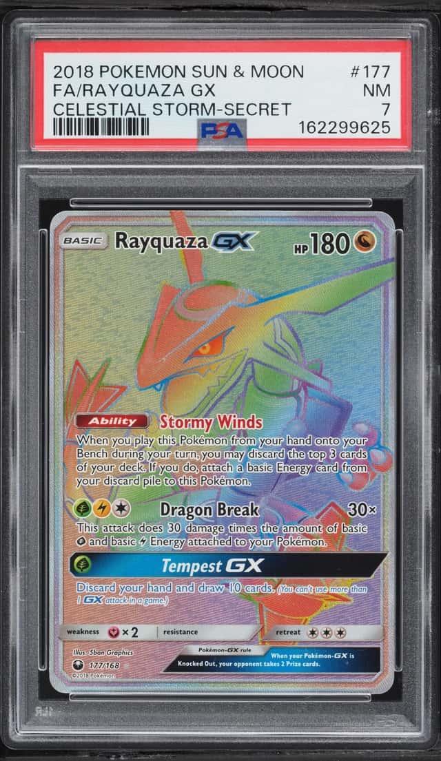2018 Pokemon Sun & Moon Celestial Storm Rainbow Rare Rayquaza GX #177 PSA 7 NRMT
