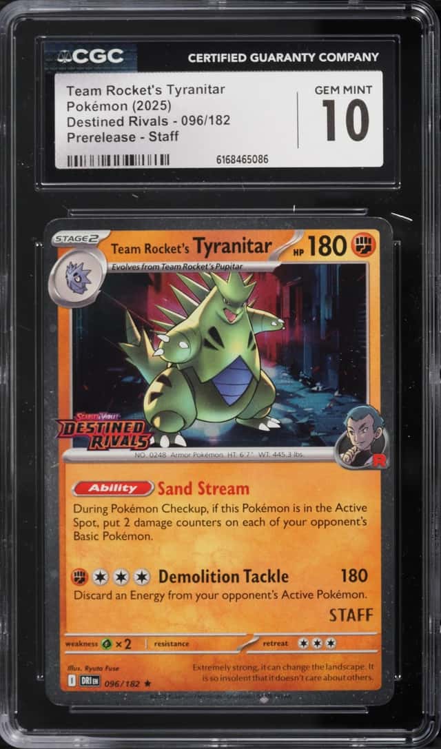 2025 Pokemon SV Destined Rivals Prerelease Staff Team Rocket's Tyranitar #96 CGC 10 GEM MINT