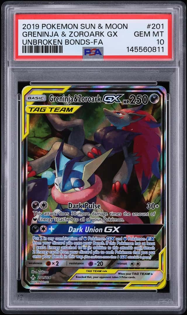 2019 Pokemon Sun & Moon Unbroken Bonds Full Art Greninja & Zoroark GX #201 PSA 10 GEM MINT