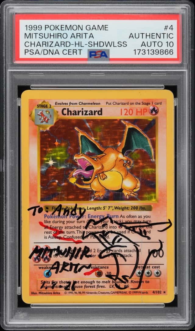 Mitsuhiro Arita Signed 1999 Pokemon #4 Charizard Holo Shadowless PSA/DNA AUTO 10
