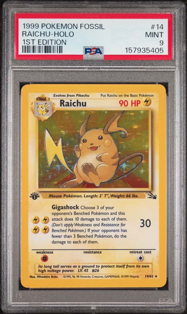 1999 POKEMON FOSSIL 1ST EDITION #14 RAICHU-HOLO PSA 9