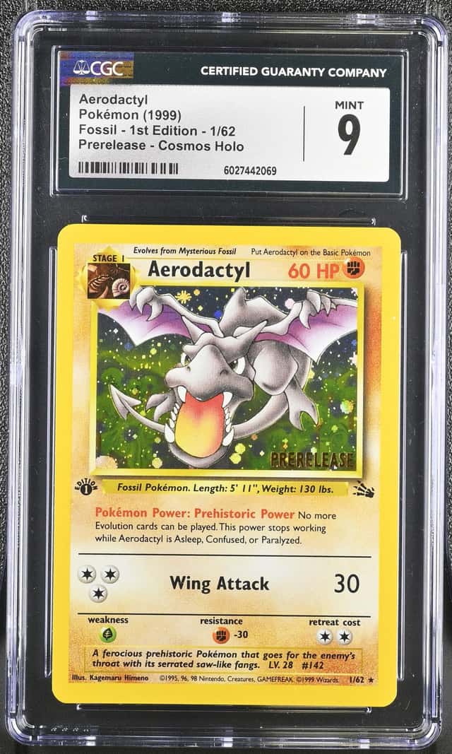 1999 Pokemon Fossil 1st Edition Pre-Release Cosmoc Holo #1 Aerodactyl CGC 9