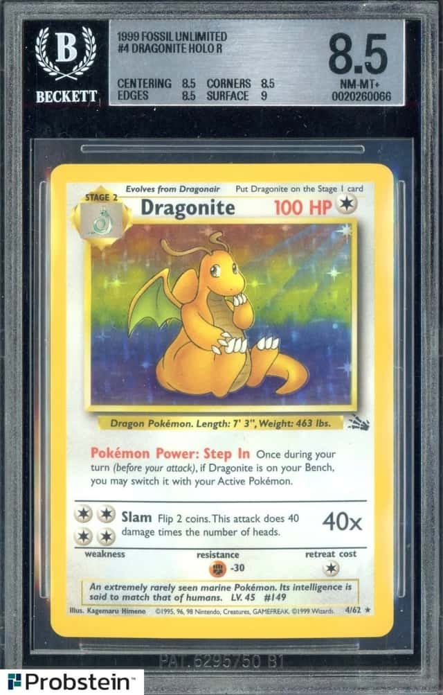 1999 Pokemon Fossil Unlimited #4 Dragonite Holo BGS 8.5 NM-MT+