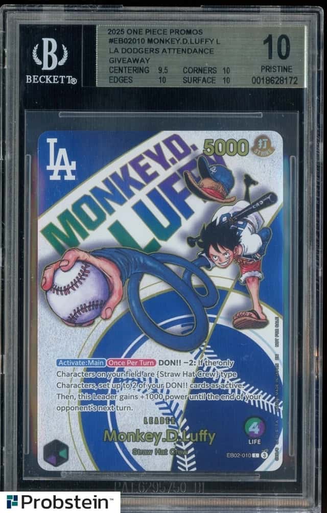 2025 ONE PIECE PROMOS DODGERS X ONE PIECE NIGHT #010 MONKEY D. LUFFY BGS 10
