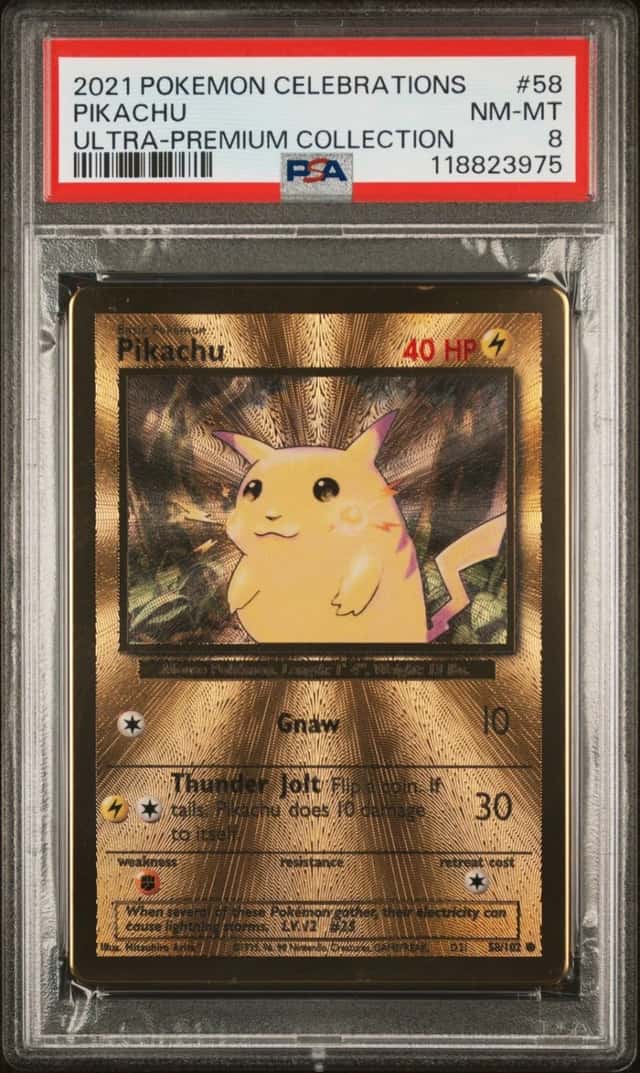 Pokemon Pikachu Celebrations Ultra-Premium Coll. Gold Metal Promo 58/102 PSA 8