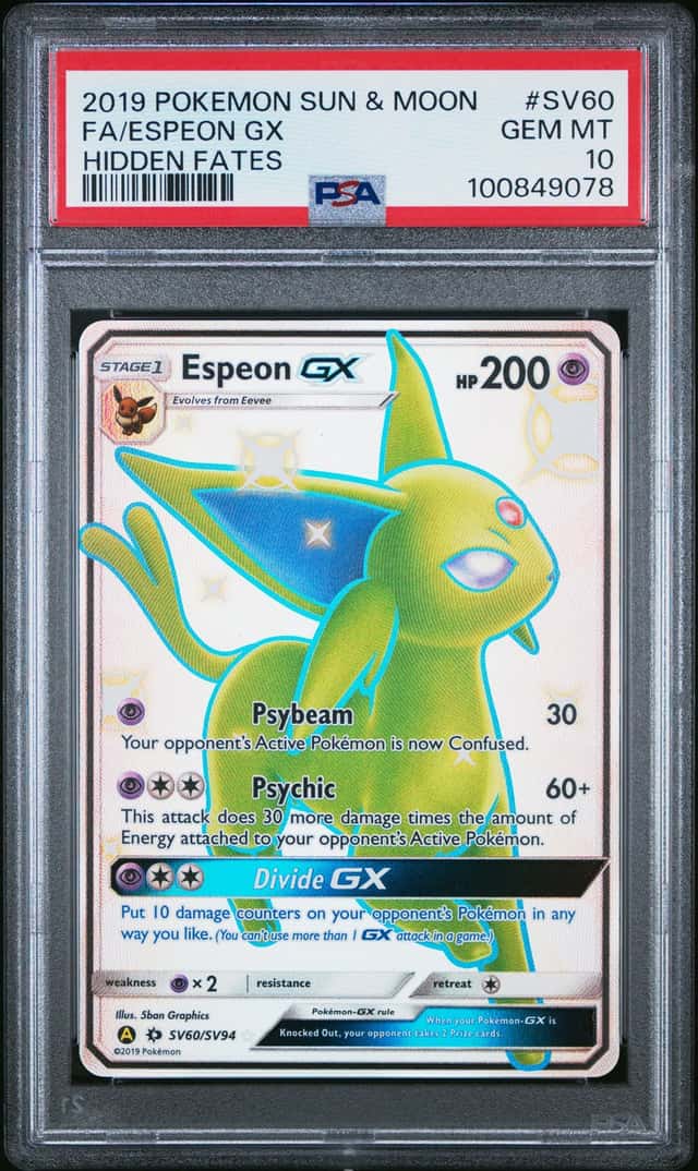 2019 POKEMON SUN & MOON HIDDEN FATES #SV60 FULL ART/ESPEON GX PSA 10