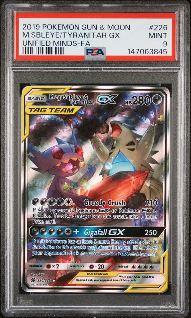 MEGA SABLEYE & TYRANITAR GX POKEMON UNIFIED MINDS 226/236 FULL ART PSA 9 Q0895