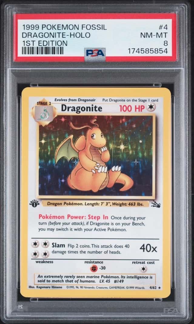 1999 POKEMON FOSSIL 1ST EDITION #4 DRAGONITE-HOLO PSA 8