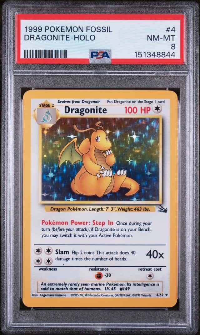 1999 POKEMON FOSSIL #4 DRAGONITE-HOLO PSA 8
