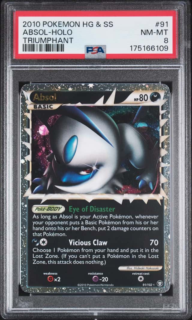 2010 POKEMON HEARTGOLD & SOULSILVER TRIUMPHANT #91 ABSOL-HOLO PSA 8
