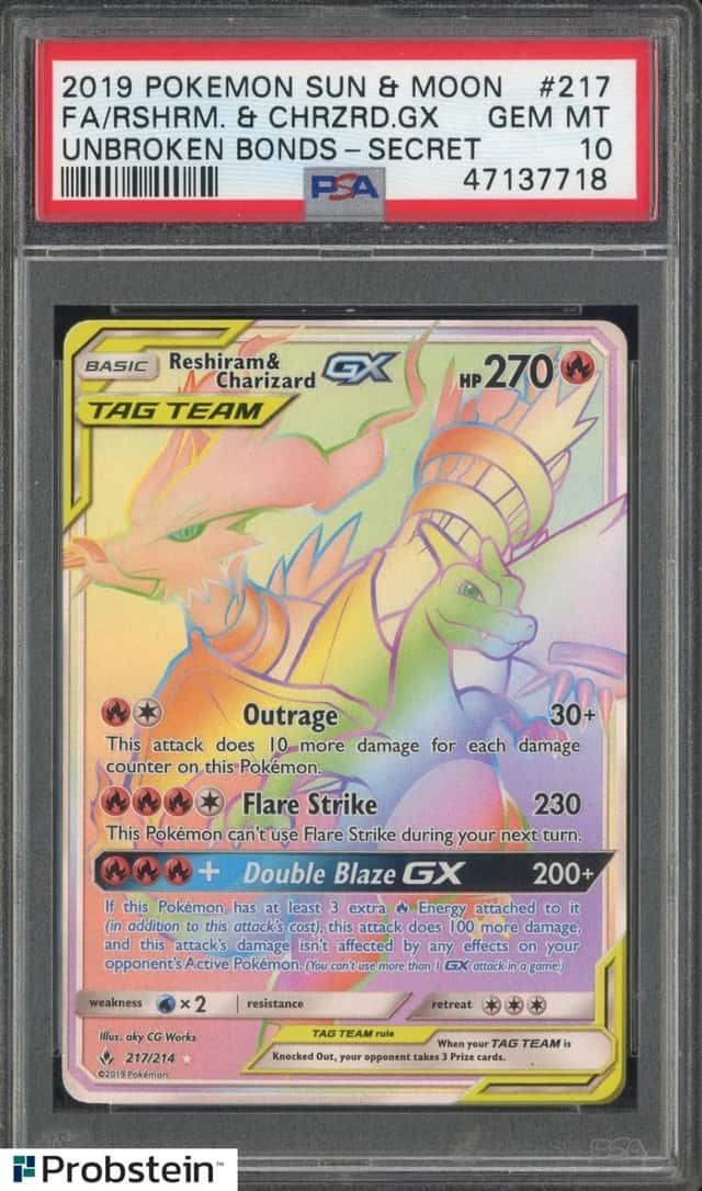 2019 Pokemon SM Unbroken Bonds Secret #217 FA Reshiram & Charizard GX PSA 10