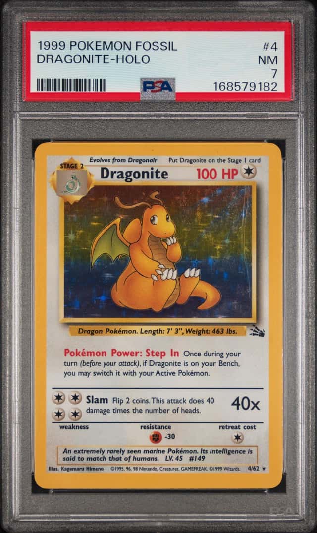 1999 POKEMON FOSSIL #4 DRAGONITE-HOLO PSA 7