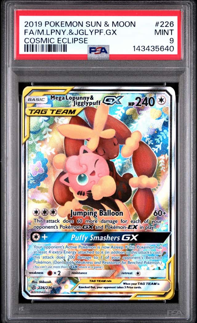 MEGA LOPUNNY & JIGGLYPUFF GX POKEMON COSMIC ECLIPSE #225 FULL ART PSA 9 Q0895