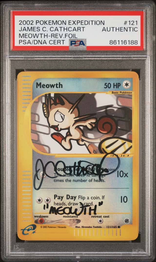 2002 Pokemon Expedition Meowth RF James Cathcart Auto #121/165 PSA Authentic