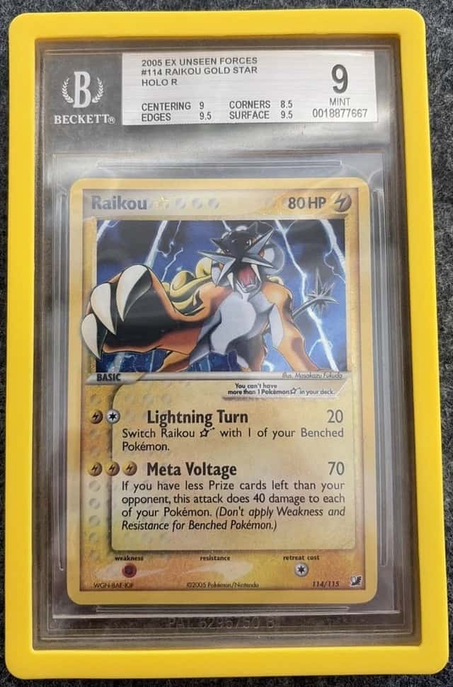 Pokemon Raikou Gold Star EX Holo Ultra Rare Card #114 Unseen Forces BGS 9 Mint