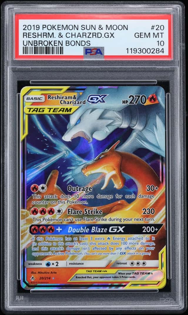2019 Pokemon Sun & Moon Unbroken Bonds Holo Reshiram & Charizard GX #20 PSA 10 GEM MINT