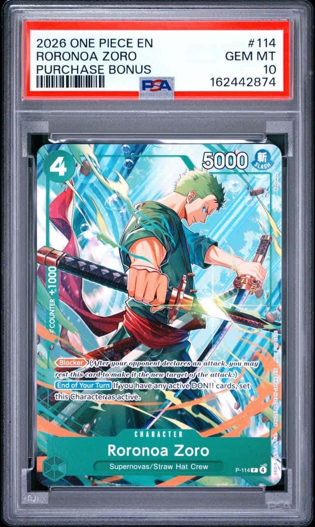 2026 ONE PIECE PROMOS PURCHASE BONUS #114 RORONOA ZORO PSA 10