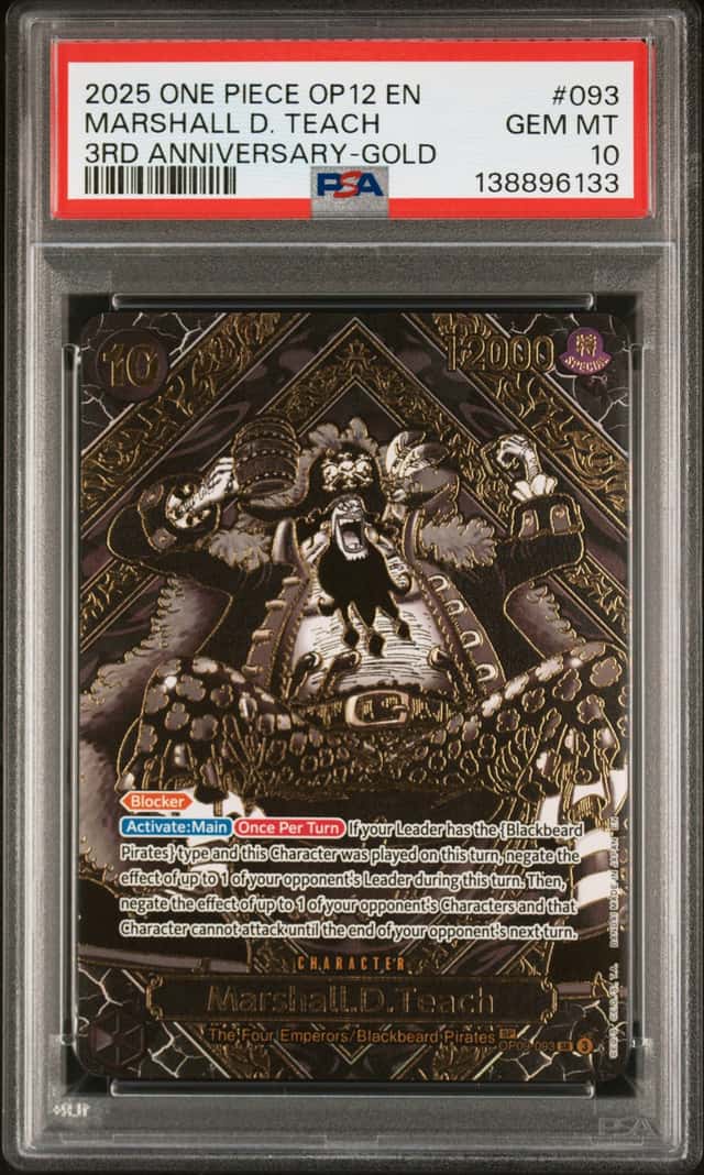 2025 One Piece OP12 EN 3rd Anniversary Gold #093 Marshall D Teach PSA 10