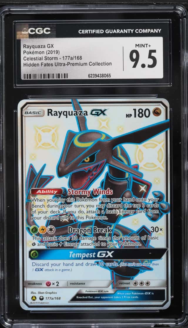 2019 Pokemon Sun & Moon Celestial Storm Hidden Fates Full Art Shiny Rayquaza GX #177a CGC 9.5