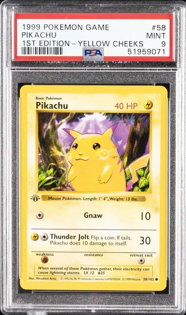 1999 POKEMON BASE SET 1ST EDITION-YELLOW CHEEKS #58 PIKACHU PSA 9