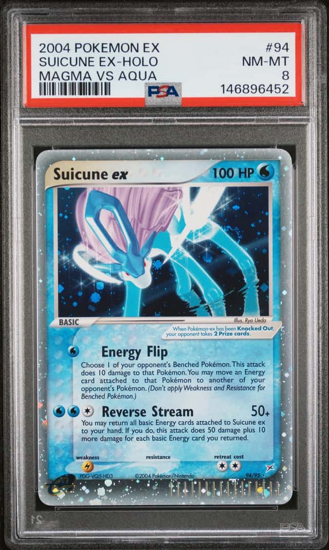 2004 POKEMON EX TEAM MAGMA VS TEAM AQUA #94 SUICUNE EX-HOLO PSA 8