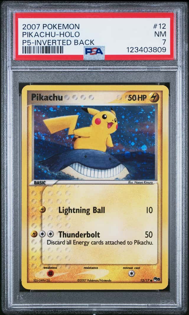 2007 POKEMON POP SERIES 5 INVERTED BACK #12 PIKACHU-HOLO PSA 7