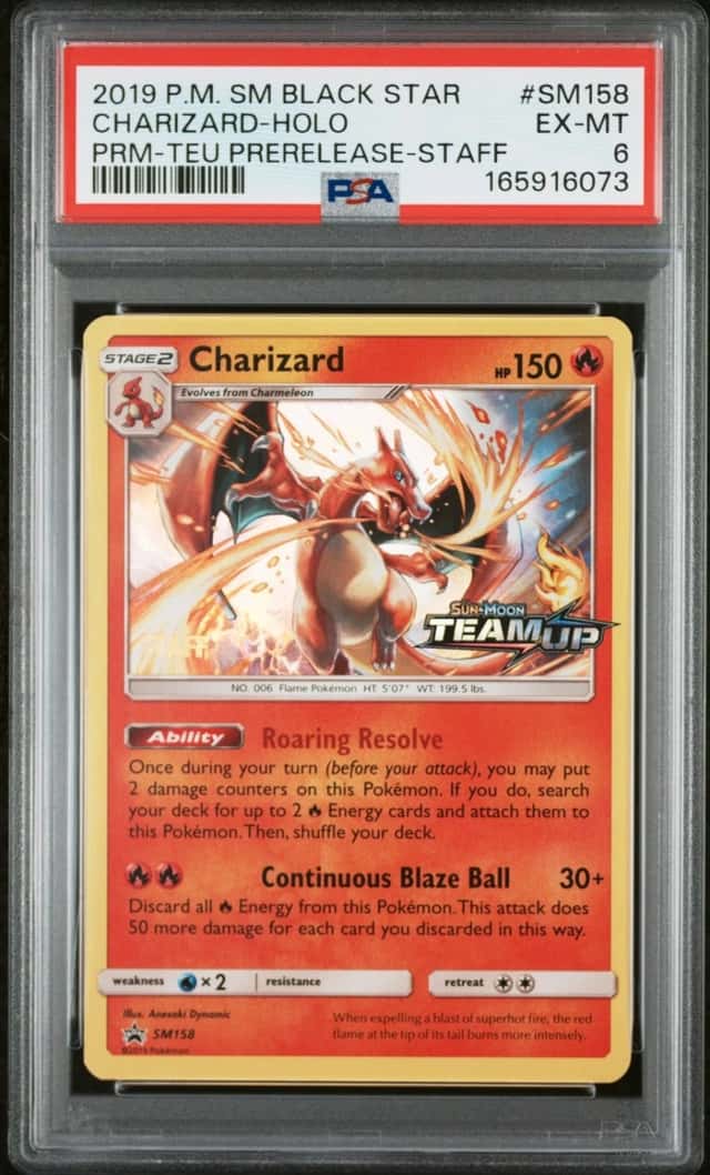 2019 POKEMON SM BLACK STAR PROMO TEAM UP PRERELEASE-STAFF CHARIZARD-HOLO PSA 6