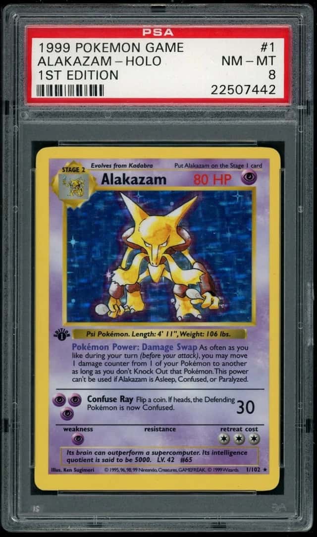 POKEMON BASE SET SHADOWLESS ALAKAZAM 1999 GAME #1 1ST EDITION HOLO PSA 8