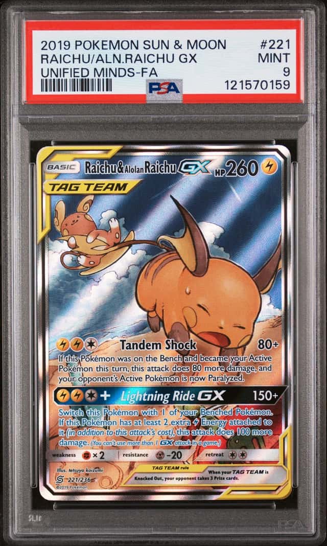 RAICHU & ALOLAN RAICHU GX 2019 POKEMON UNIFIED MINDS 54/236 PSA 9 Q0895