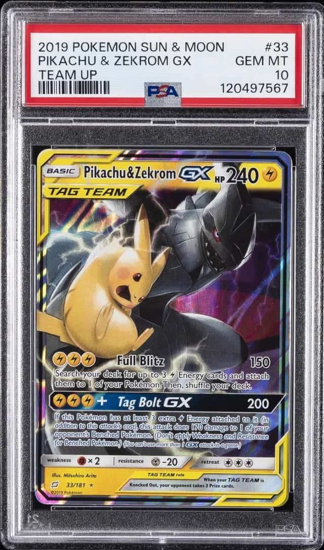2019 POKEMON SUN & MOON TEAM UP #33 PIKACHU & ZEKROM GX PSA 10