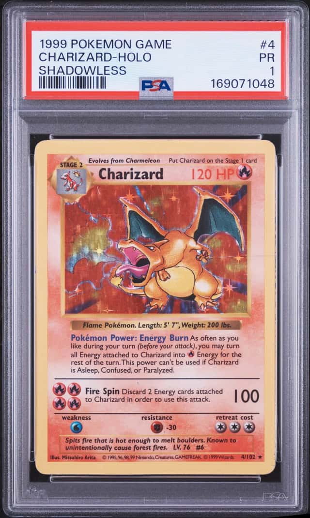 POKEMON BASE SET SHADOWLESS CHARIZARD 1999 GAME #4 SHADOWLESS HOLO PSA 1