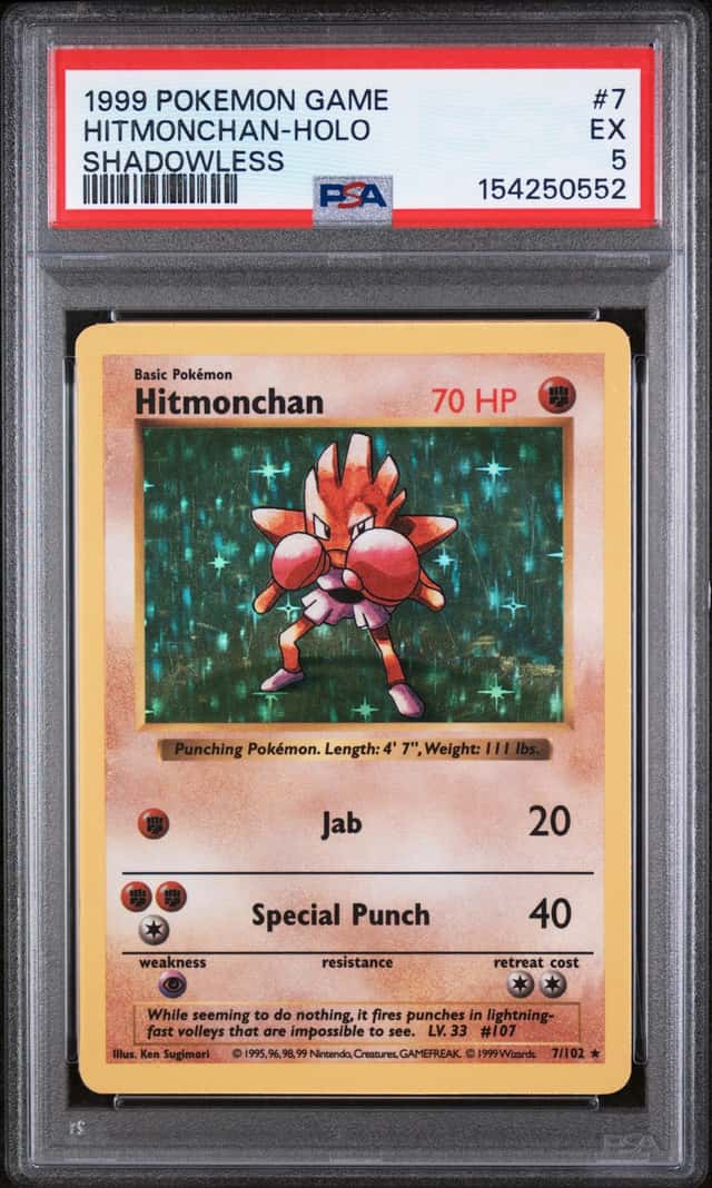 1999 POKÉMON HITMONCHAN HOLO 7/102  SHADOWLESS BASE SET GAME VINTAGE PSA 5