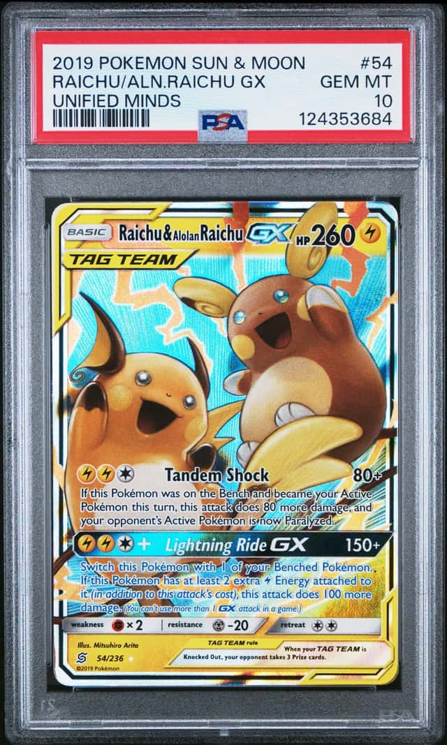 3684 Raichu & Alolan Raichu GX 2019 Pokemon Sun Moon Unified Minds #54 PSA 10