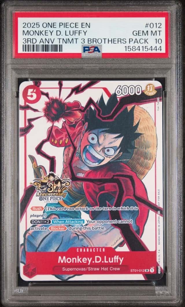 2025 One Piece 3RD Anniversary Tournament 3 Brothers #012 Monkey D. Luffy PSA 10