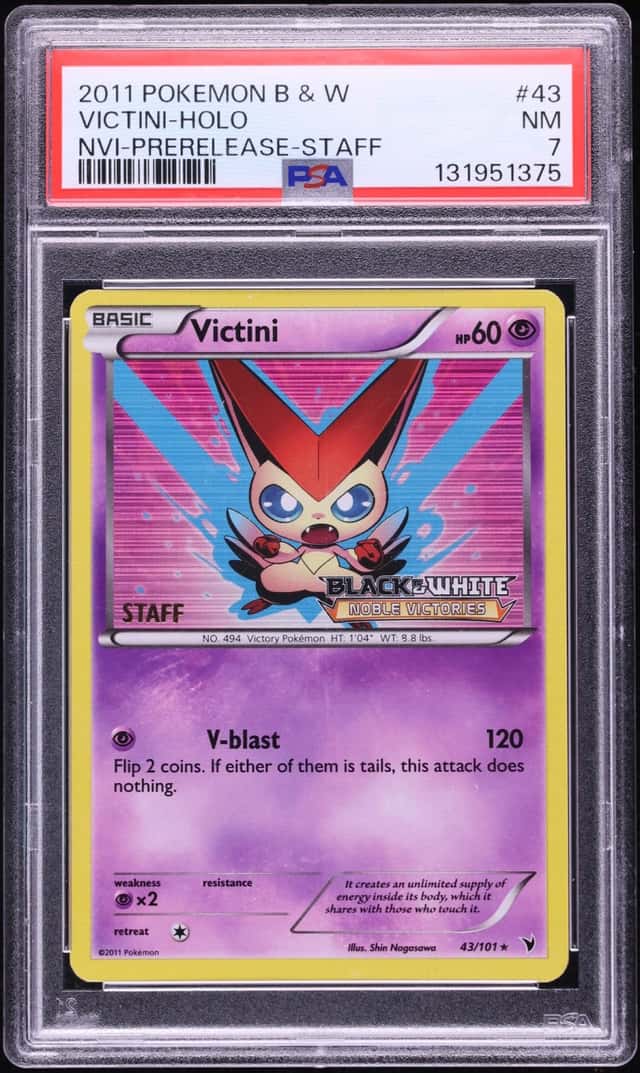 2011 Pokemon Black & White Noble Victories Prerelease Staff Holo Victini #43 PSA 7 NRMT