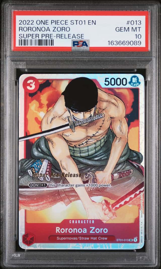 One Piece Roronoa Zoro St01 Straw Hat Crew 013 Super Pre-Release PSA 10 Gem Mint