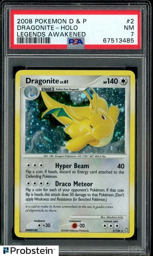 2008 POKEMON DIAMOND & PEARL LEGENDS AWAKENED #2 DRAGONITE-HOLO PSA 7